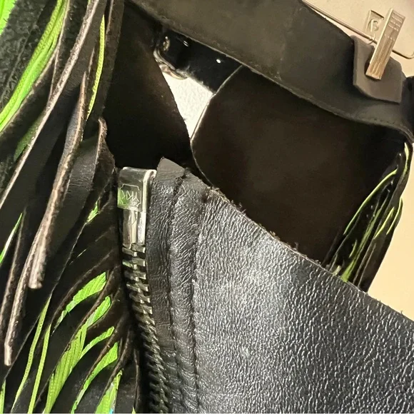 Black Leather Chaps with Green Fringe and Rhinestone Embellishments - Picture 12 of 16